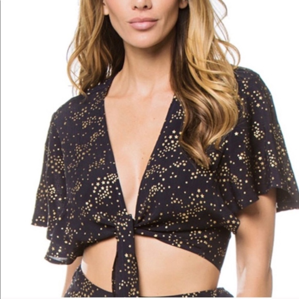 Beach Riot Tie Front Crop Top Flutter Sleeve Navy Blue Gold Stars size Small